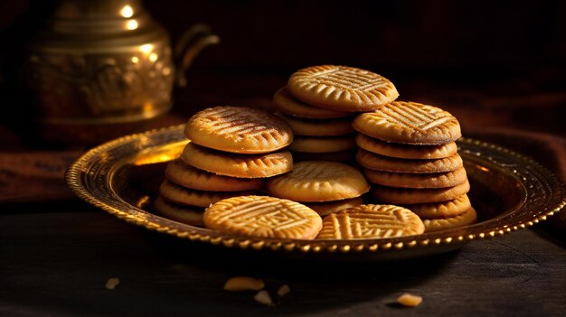 Um prato de biscoitos indianos com uma bandeja dourada com a palavra Diwali.