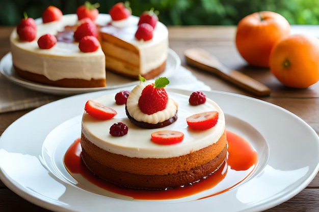 Um prato de bolo com morango e bolo de creme