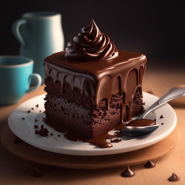 Um prato de bolo de chocolate com uma colher