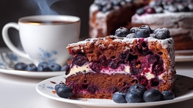 Um prato de bolo de mirtilo com uma xícara de café ao lado