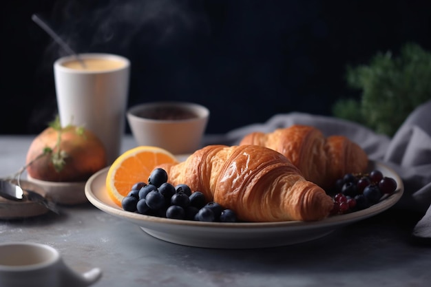 Um prato de café da manhã com croissants e uma xícara de café.