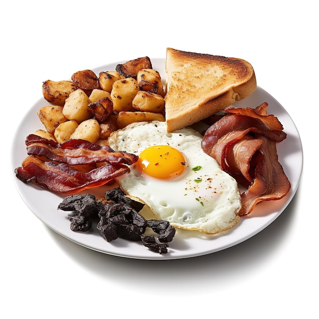 Um prato de café da manhã com ovos, bacon, torradas e bacon.