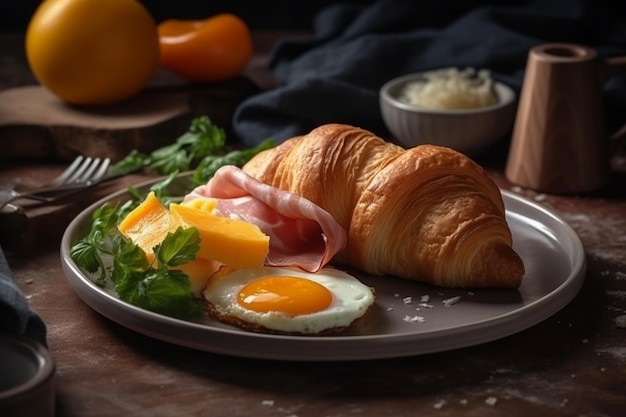 Um prato de café da manhã com um croissant e um ovo frito