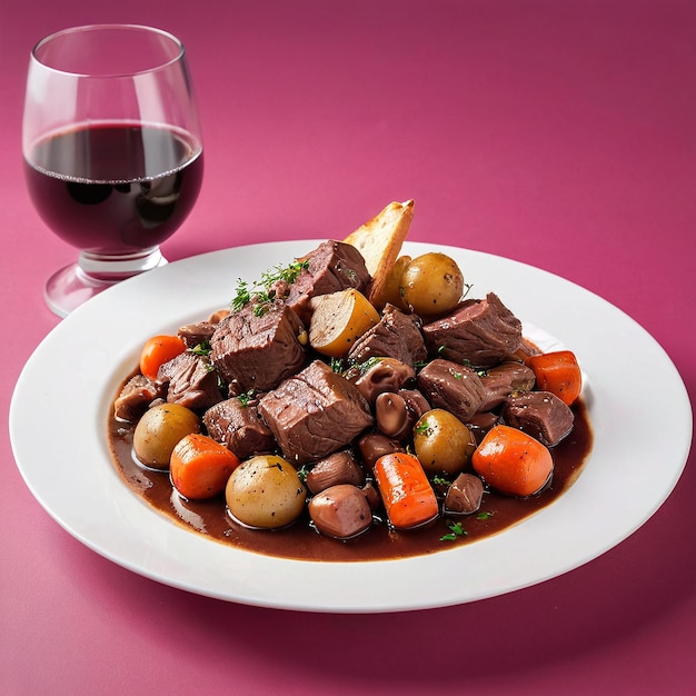 Foto um prato de carne, batatas, cenouras e um copo de vinho.