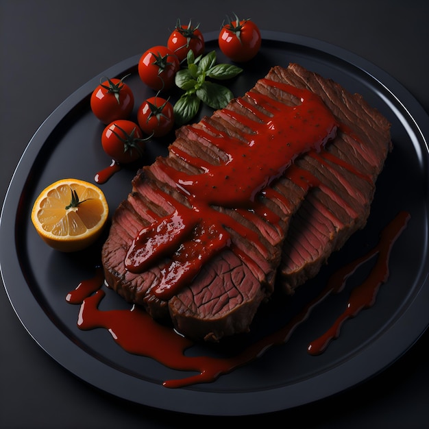 Um prato de carne com molho e tomates ao lado.