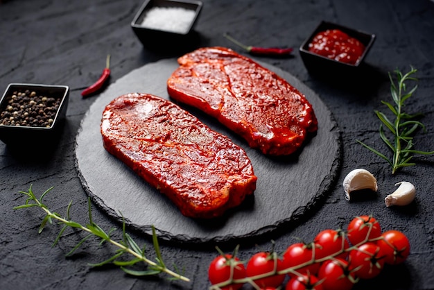 Um prato de carne com tomate e alho em um fundo preto.