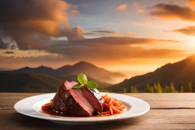 Um prato de carne com um pôr do sol ao fundo