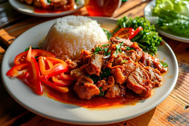 Foto um prato de carne de porco da cachoeira de nam tok mostrando suculência e riqueza capturado de uma vista lateral