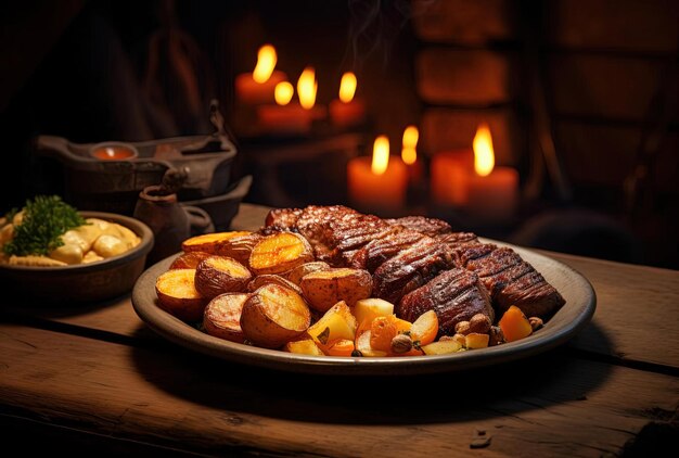 um prato de carne e batatas em uma mesa