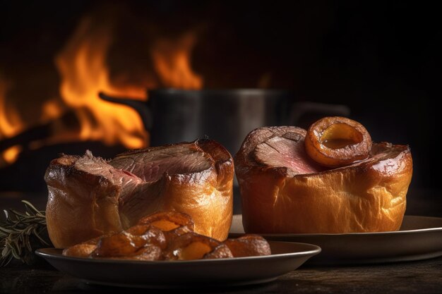 Um prato de carne e salsichas em frente a uma fogueira