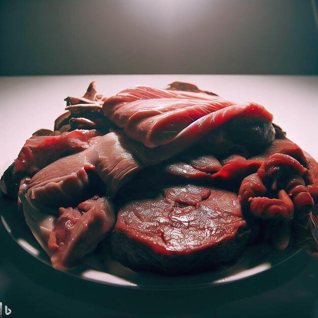 Um prato de carne está em uma mesa com uma foto de uma pessoa no fundo