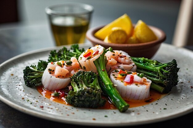 Foto um prato de ceviche com um lado de brócolis grelhado