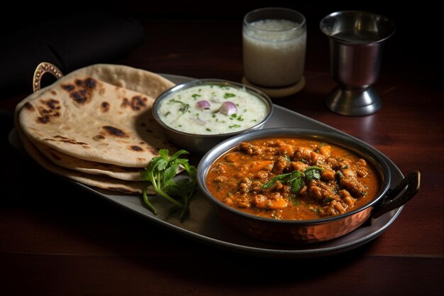 Foto um prato de chettinad de frango servido com dosa ou arroz cozido no vapor