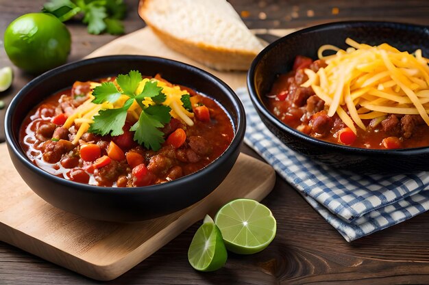 um prato de chili com legumes e queijo em uma tábua de madeira