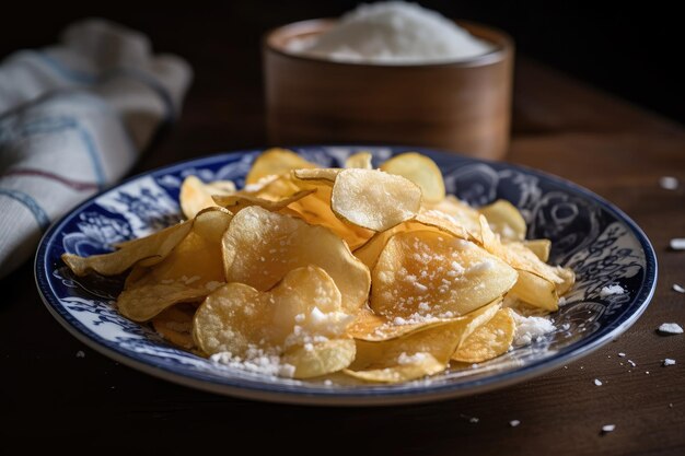 Um prato de chips de leitelho com uma pitada de sal