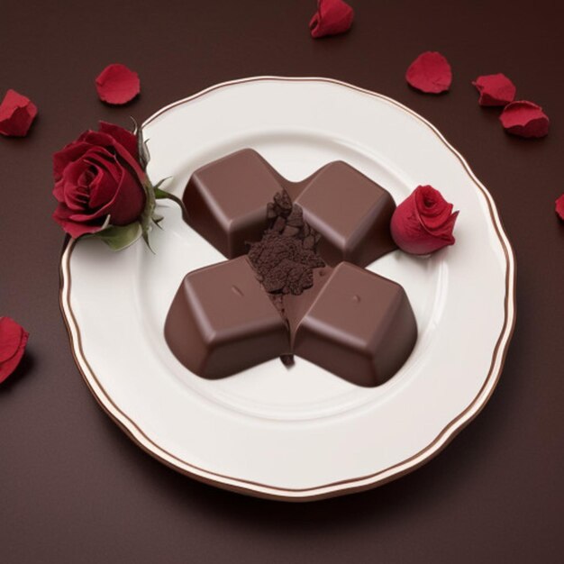 Foto um prato de chocolates e rosas com um pedaço de chocolate em forma de coração