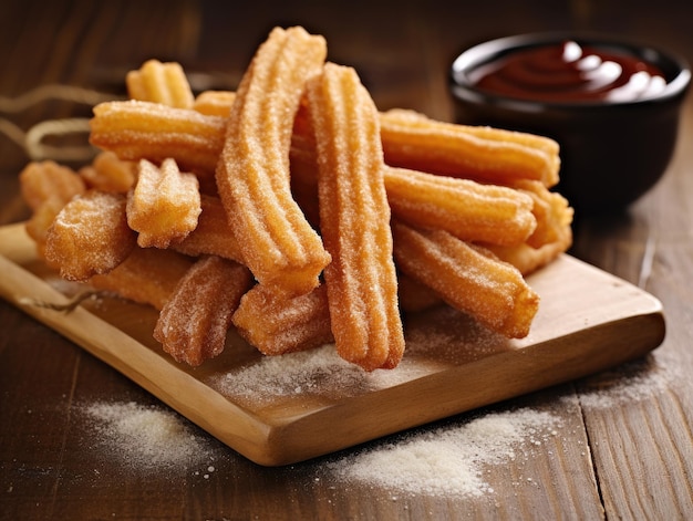 um prato de churros em uma superfície de madeira