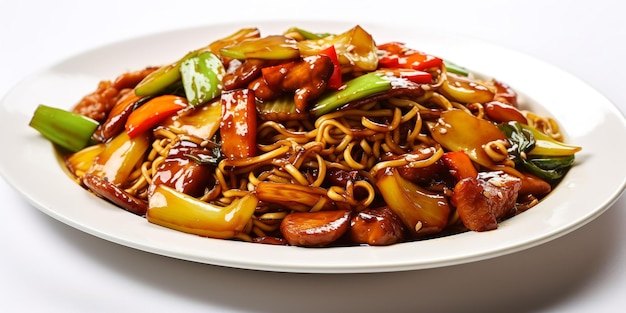 Um prato de comida chinesa com macarrão e legumes.