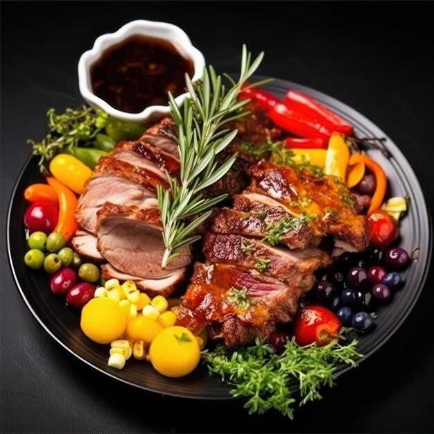 Um prato de comida com a foto de um monte de legumes e a foto de um monte de carne.