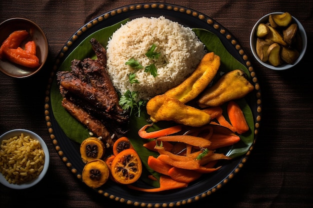 Um prato de comida com arroz, carne e legumes.