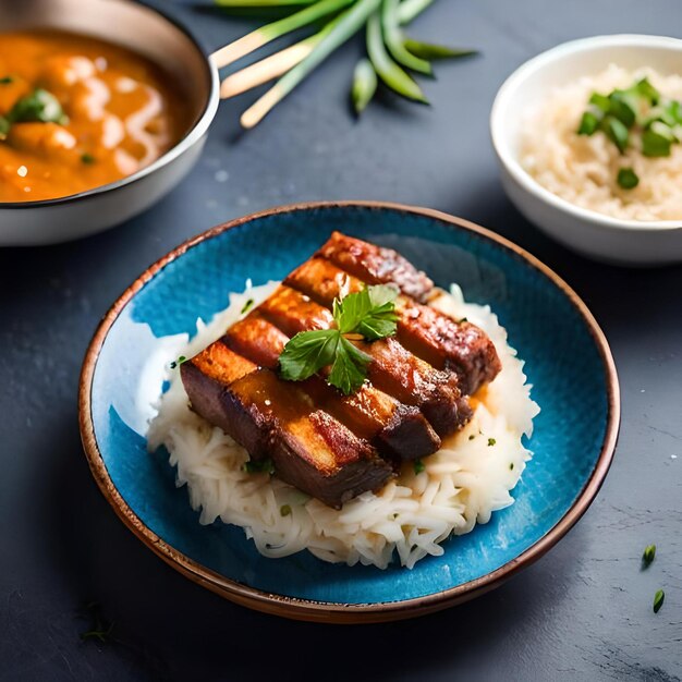 Um prato de comida com arroz e arroz e um prato de arroz e uma tigela de arroz.