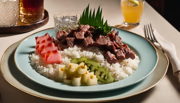 Um prato de comida com arroz e carne