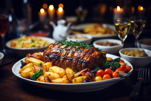 um prato de comida com batatas batatas batatas e tomates em uma mesa