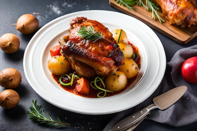 um prato de comida com batatas e carne