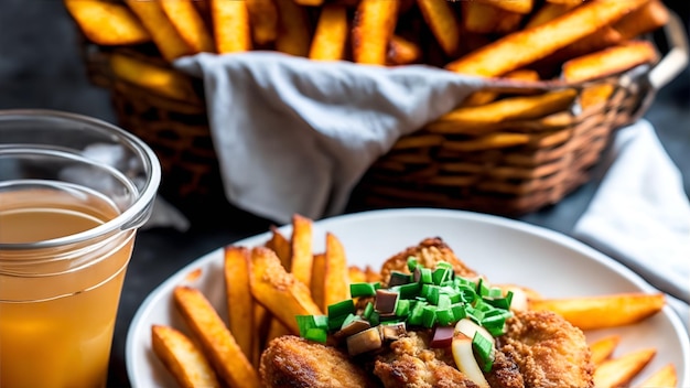 Um prato de comida com batatas fritas ao fundo