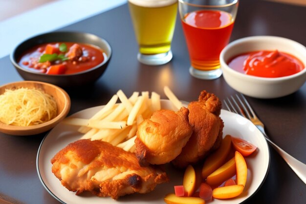 Foto um prato de comida com batatas fritas e um copo de cerveja