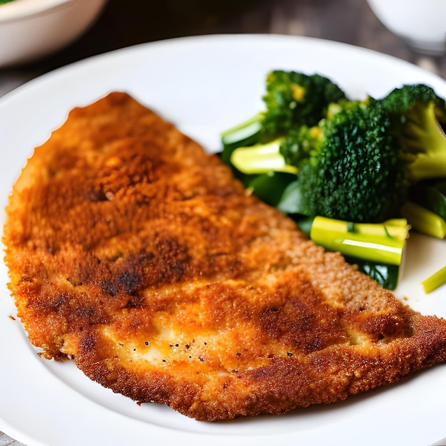 Um prato de comida com brócolis e um pedaço de peixe