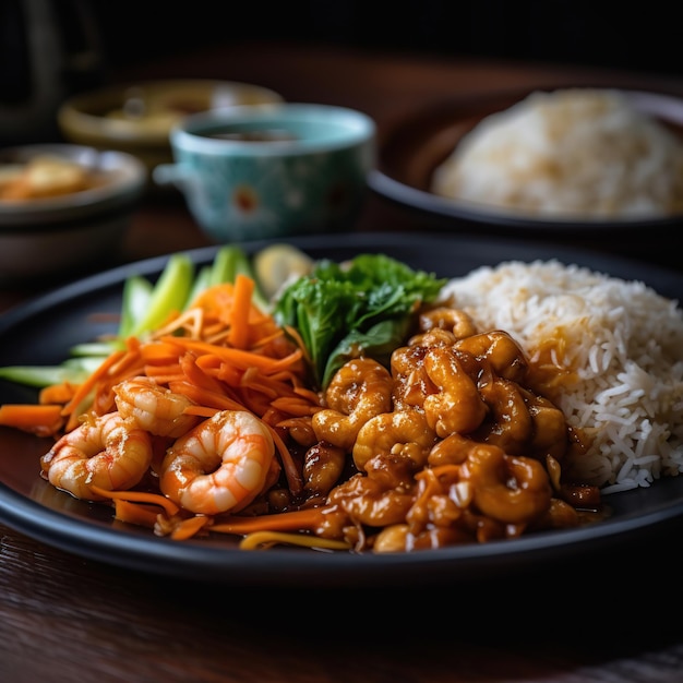 Um prato de comida com camarão e arroz e legumes.