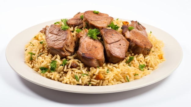 Um prato de comida com carne e arroz