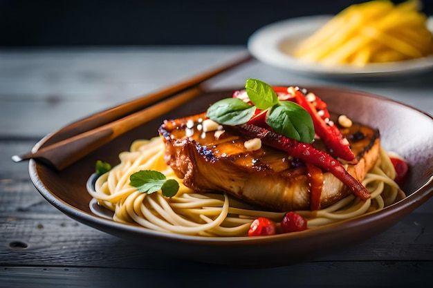 um prato de comida com carne, vegetais e macarrão