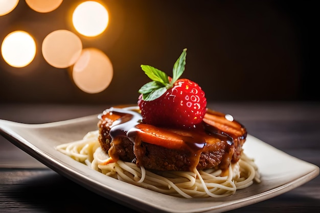 Foto um prato de comida com cobertura de morango e chocolate.