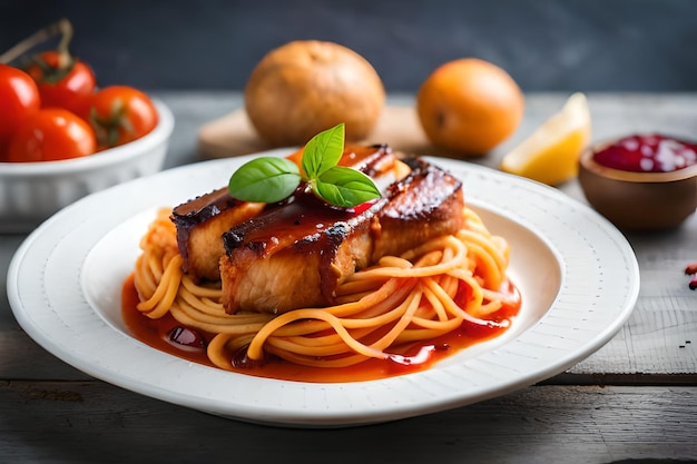 Um prato de comida com espaguete e carne com um molho vermelho.