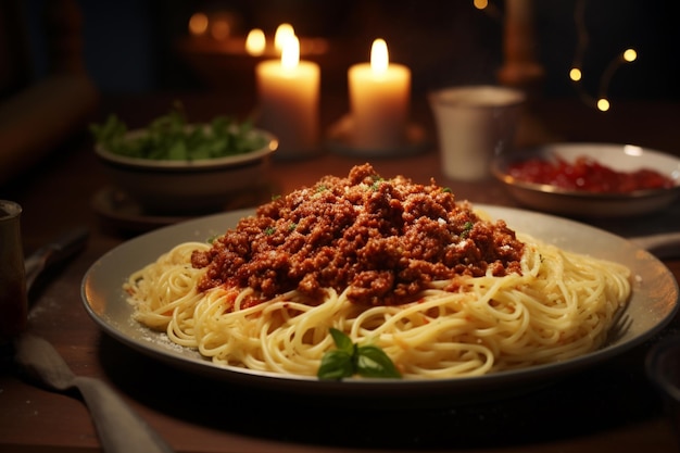 Um prato de comida com espaguete e carne picada