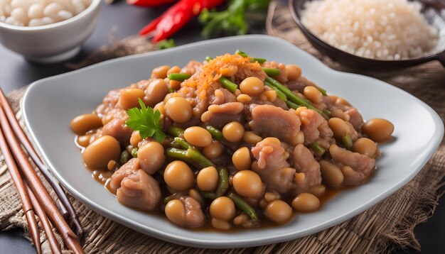 um prato de comida com feijão e arroz