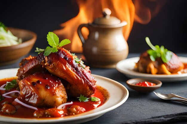 Um prato de comida com fogo ao fundo