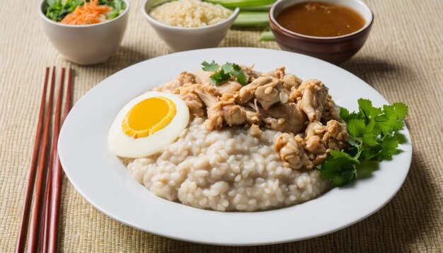 Um prato de comida com frango de arroz e um ovo