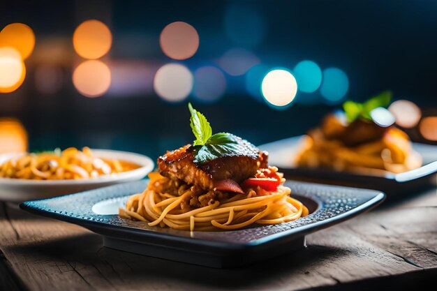 um prato de comida com frango e massa nele