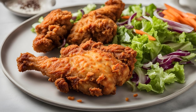 um prato de comida com frango e salada