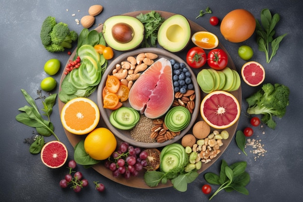 Um prato de comida com frutas e legumes