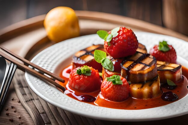 Foto um prato de comida com frutas e uma fruta