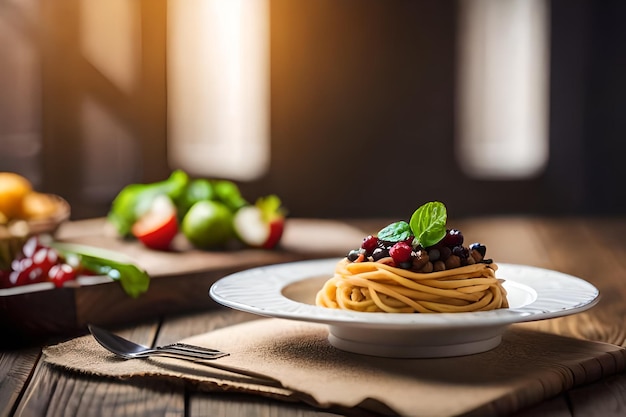 um prato de comida com frutas vermelhas e um prato de macarrão com garfo e faca.