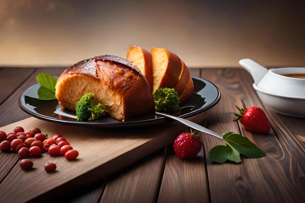 Um prato de comida com garfo e faca sobre uma mesa de madeira.