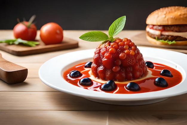 Um prato de comida com hambúrguer e molho de tomate