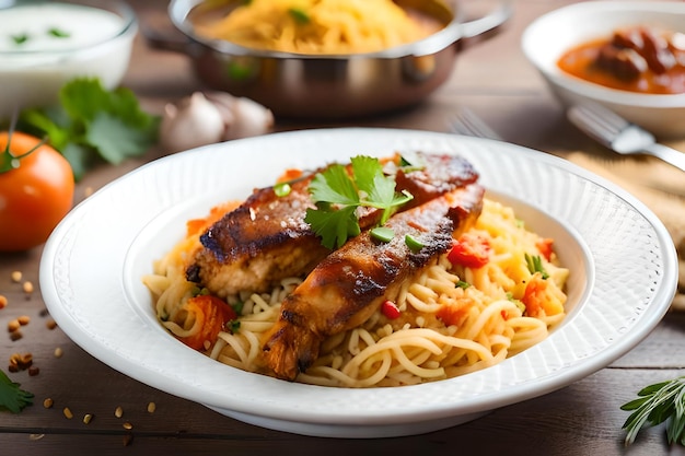 Um prato de comida com macarrão e legumes