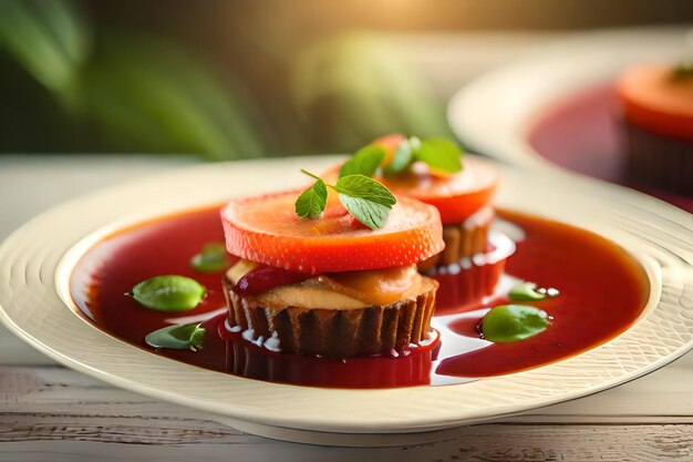 um prato de comida com molho de tomate e uma fatia de tomate