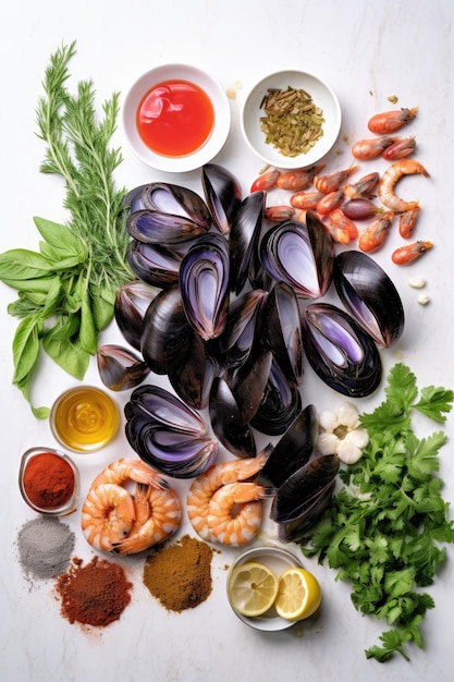 Foto um prato de comida com ostras de camarão e salsa